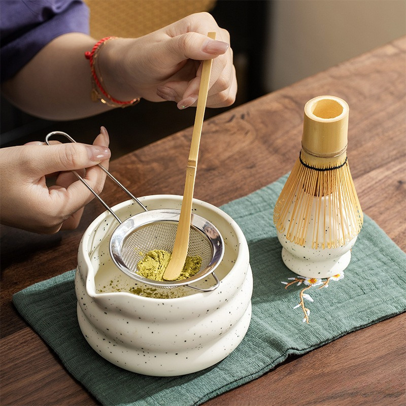Bộ Dụng Cụ pha Matcha gồm Chawan, Chổi Chasen, Chân đế, Thìa tre, Rây lọc, Quà Tặng Cho Người Thích Uống Trà
