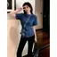 Áo sơ mi ngắn tay Denim cổ tròn màu xanh sang trọng cao cấp dành cho nữ