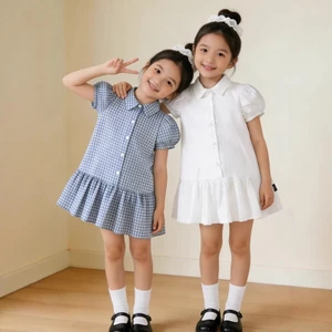 ✿ Bé Gái Hàn Quốc Preppy Puff Tay Đầm Nút Xuống Cổ Xù Viền Mùa Hè Thoáng Khí Trang Phục