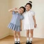 ✿ Bé Gái Hàn Quốc Preppy Puff Tay Đầm Nút Xuống Cổ Xù Viền Mùa Hè Thoáng Khí Trang Phục