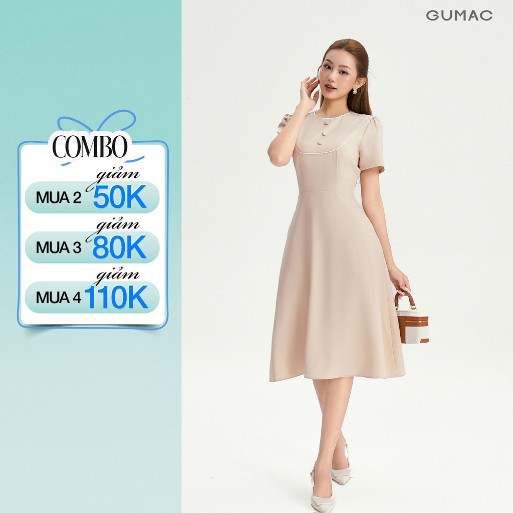 Đầm Dáng A Nữ GUMAC Váy Công Sở Tay Ngắn Phối Viền Ren Dáng Dài Qua Gối LDG0402