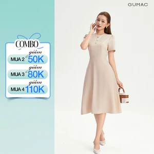 Đầm Dáng A Nữ GUMAC Váy Công Sở Tay Ngắn Phối Viền Ren Dáng Dài Qua Gối LDG0402