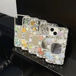 Thích hợp cho Apple 17promax Gương Kính Vuông Vỏ Điện Thoại Hoa Kim Cương Giả iPhone16 Vỏ Cứng Acrylic