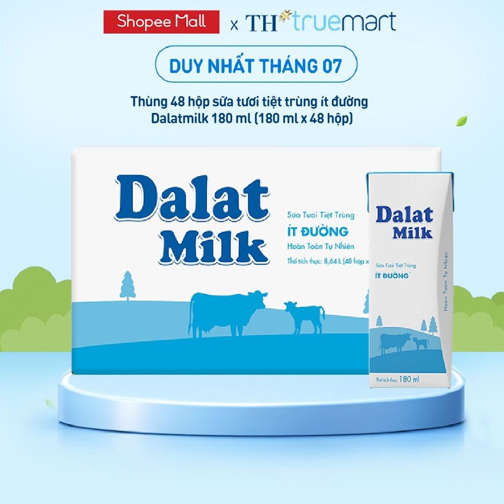 Thùng 48 hộp sữa tươi tiệt trùng Dalatmilk ít đường 180 ml (180 ml x 48)