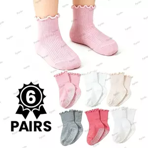 PYCOU 6 Đôi Tất Chống Trơn Trượt, 6 Đôi Gói Thiết Kế Xù Tất Trẻ Sơ Sinh, Tất Vải Thoáng Khí Thoáng Khí Tất Cả Mùa Sơ Sinh Cho Bé Gái