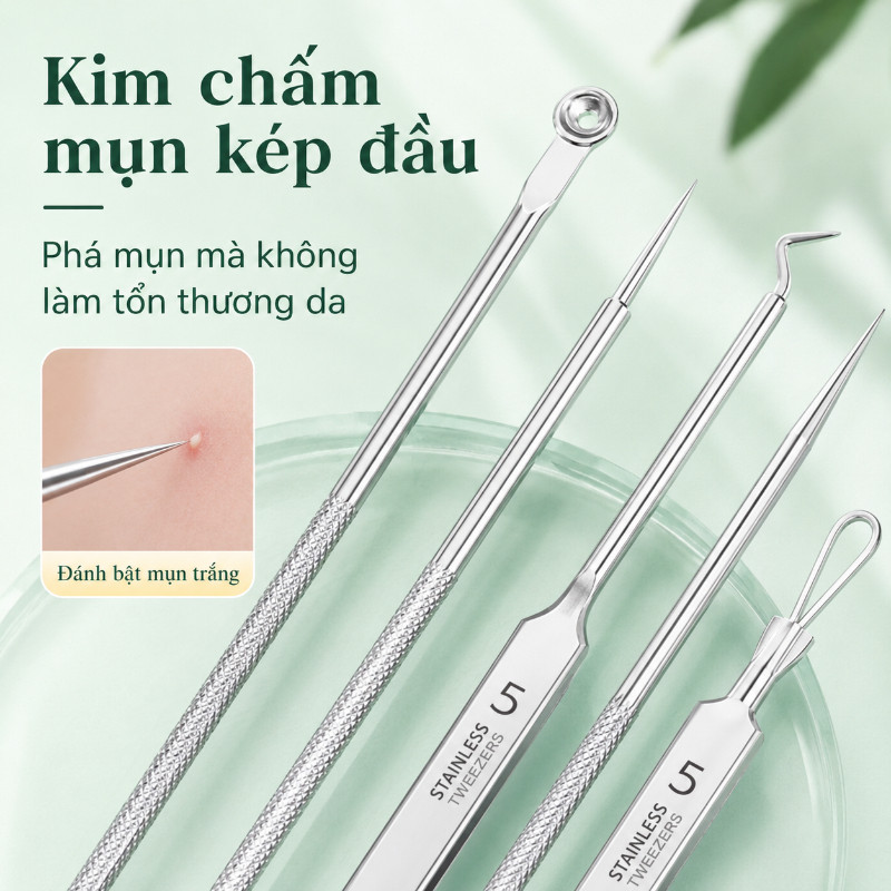 Nhíp Gắp Mụn Đầu Đen Chuyên Nghiệp – Bộ 3/8 Món Thép Không Gỉ, Làm Sạch Sâu, Nặn Mụn & Gắp Mụn Hiệu Quả, Không Đau