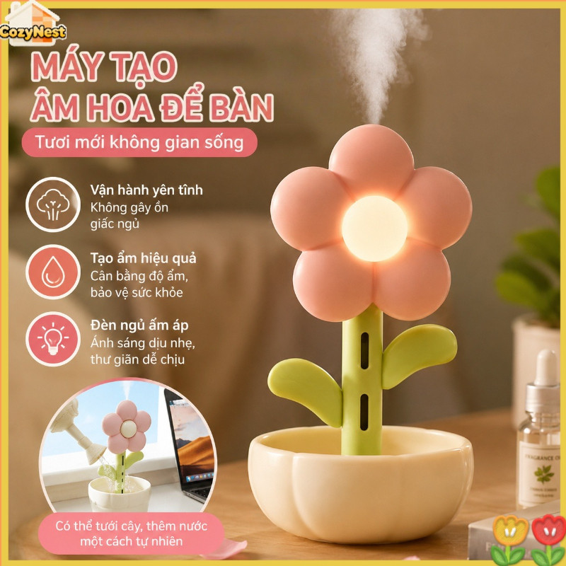 Máy Tạo Ẩm Hoa Để Bàn | Sương Lớn, Vận Hành Im Lặng | Kèm Đèn Ngủ Tạo Không Gian | Cho Bà Bầu&Em Bé