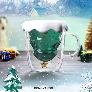 DONOVANQQ Cốc thủy tinh uống nước 300ml, trang trí cây thông Noel, ly hai lớp giữ nhiệt, quà tặng dịp Giáng Sinh