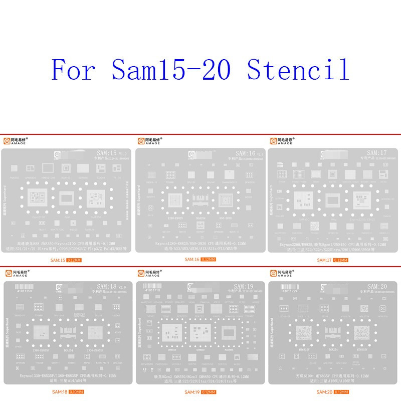 AMAOE Sam15-20 BGA Reballing Stencil cho Samsung S21 S22 S23 S24 Plus Ultra Z Flip 3 W22 A33 A53 A13 A21S F13 M33 A14 A54 A156