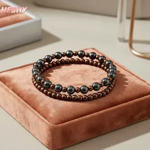 HFSHY Hematite Vòng Tay Đính Hạt Nâu 1 / 2 Chiếc Bề Mặt Co Giãn Đánh Bóng Nhẹ Trang Sức Thời Trang Cho Ngày Lễ Mặc Hàng Ngày VN