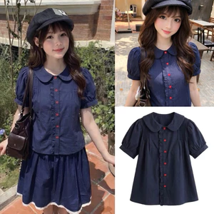 Áo babydoll khuy đỏ cổ bèo sen tay phồng xanh Navy cực đẹp SBD92 - Alisa 95 - Hieuvy Botique