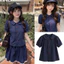Áo babydoll khuy đỏ cổ bèo sen tay phồng xanh Navy cực đẹp SBD92 - Alisa 95 - Hieuvy Botique