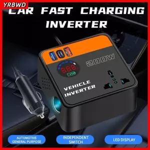 Biến tần ô tô YRBWD, Sạc nhanh với Bộ chuyển đổi nguồn cổng USB & Type-C, Bộ biến tần sạc ô tô 12v 24v đến 110v 220v 200W di động cho xe cộ
