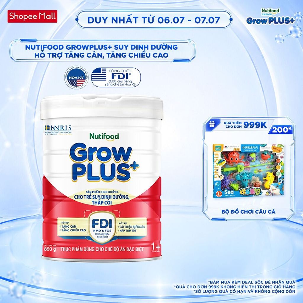 Sữa bột Nutifood GrowPLUS+ Suy Dinh Dưỡng (Đỏ) 1+ - Tăng Cân, Tăng Chiều Cao (Lon 850G)