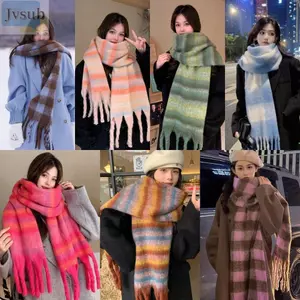 Khăn quàng cổ tua dài JVSUB, Khăn choàng Cashmere mùa đông ấm áp mềm mại, họa tiết sọc kẻ sọc Mohair Khăn choàng dày quấn nữ