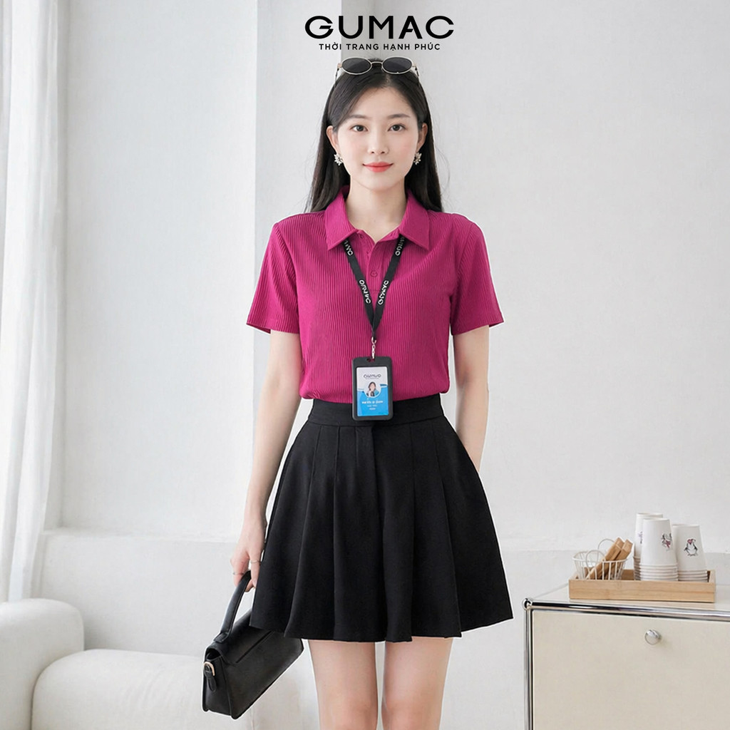 Áo Polo Nữ GUMAC Form Suông Tay Ngắn Phối Nút Đồng Màu Chất Thun Gân 4C Thoáng Mát PLE11074