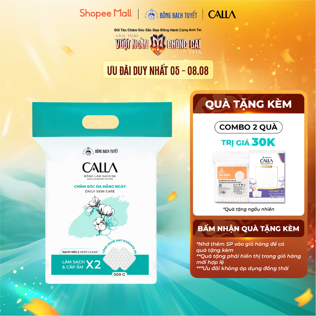 Bông tẩy trang làm sạch da Bông Bạch Tuyết Calla Sạch Sâu 500Gr (600 Miếng/Gói)