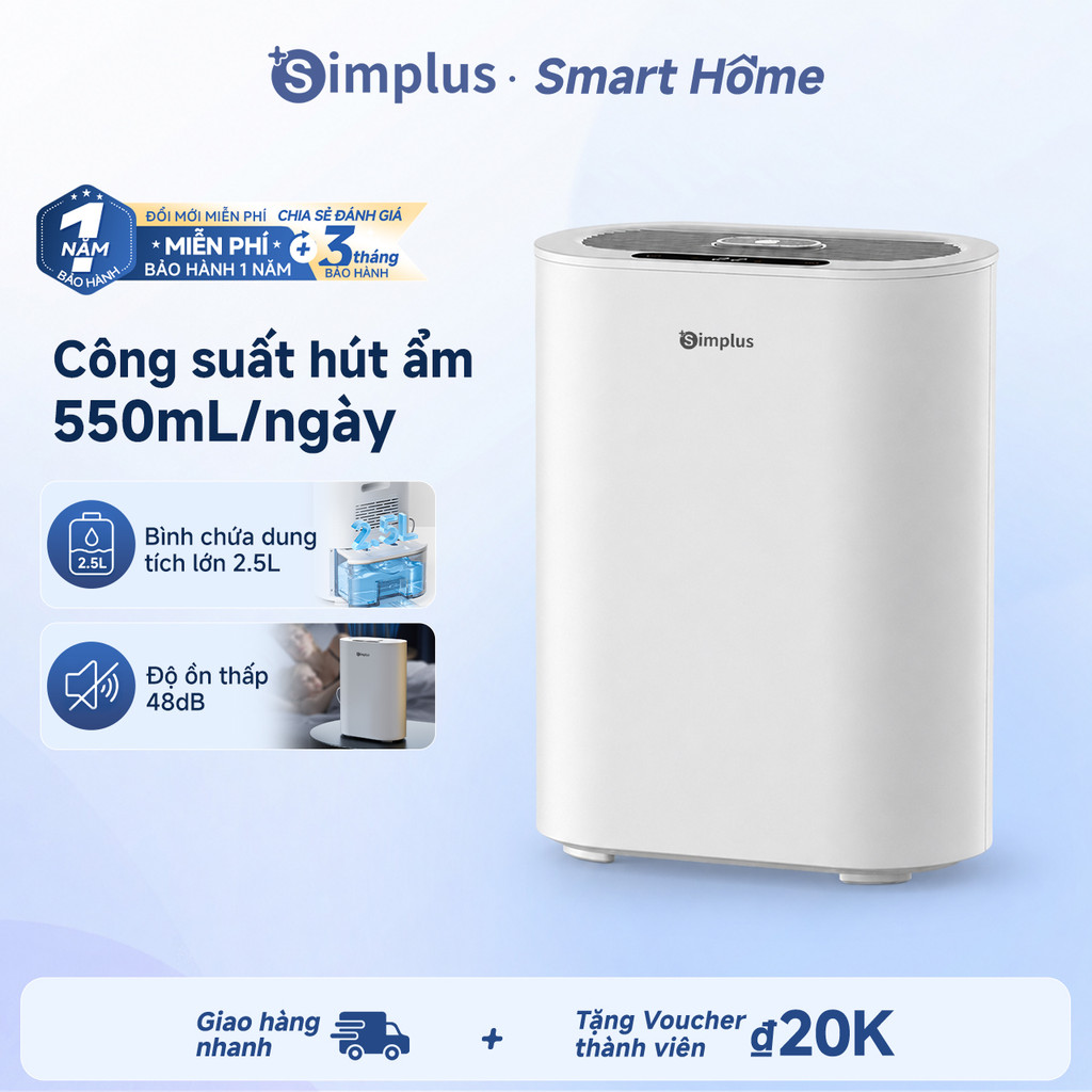 Máy hút ẩm Simplus 550mL/ngày Bình chứa lớn 2.5L Độ ồn thấp 48dB Ngăn thơm Phù hợp phòng ngủ CUSH007