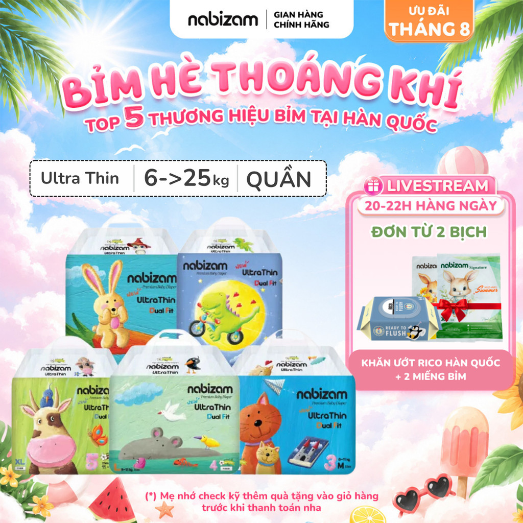 Tã/Bỉm Quần NABIZAM Ultra Thin Nội Địa Hàn, Mềm Mỏng Size M32/L30/XL26/2XL22/3XL20 Cho Bé 6-25kg