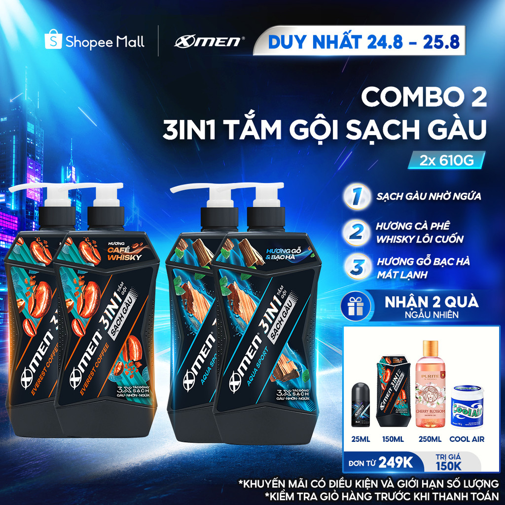 [MỚI] Combo 2 Tắm Gội Sạch Gàu 3in1 Xmen Everest Coffee & Aqua Sport 610g/chai, Sạch Gàu-Nhờn-Ngứa, Mùi Hương Nam Tính