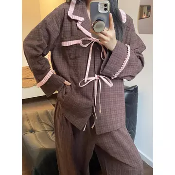 set thu đông nữ bộ đồ ngủ nữ dài tay Bộ đồ ngủ dài tay ren nơ ngọt ngào mẫu mới mùa xuân phiên bản Hàn Quốc, bộ đồ hai chiếc rộng rãi cho nữ, đồ mặc ở nhà có thể mặc ngoài