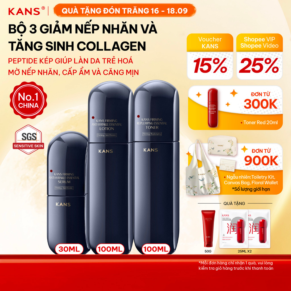 KANS Combo 3 Món Cấp Ẩm Sâu, Chống Lão Hóa Toner - Lotion - Serum 100mlx2+30ml Săn Chắc, Tăng Độ Đàn Hồi, Tăng Collagen