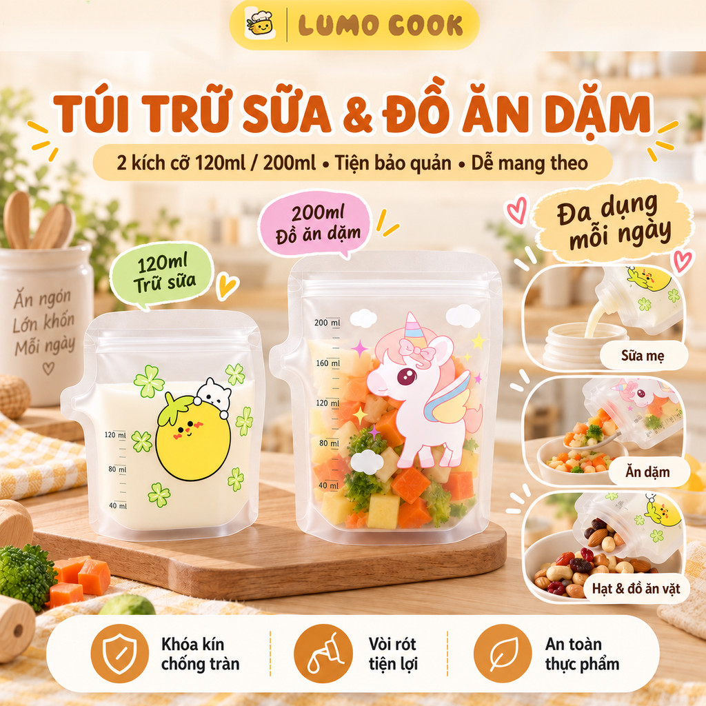【Hộp 30 túi】Túi trữ sữa, túi ăn dặm, Túi trữ snack &amp; hạt, túi đựng mứt,120/200ml,chống rò rỉ,trữ đông tiện lợi,chống ẩm