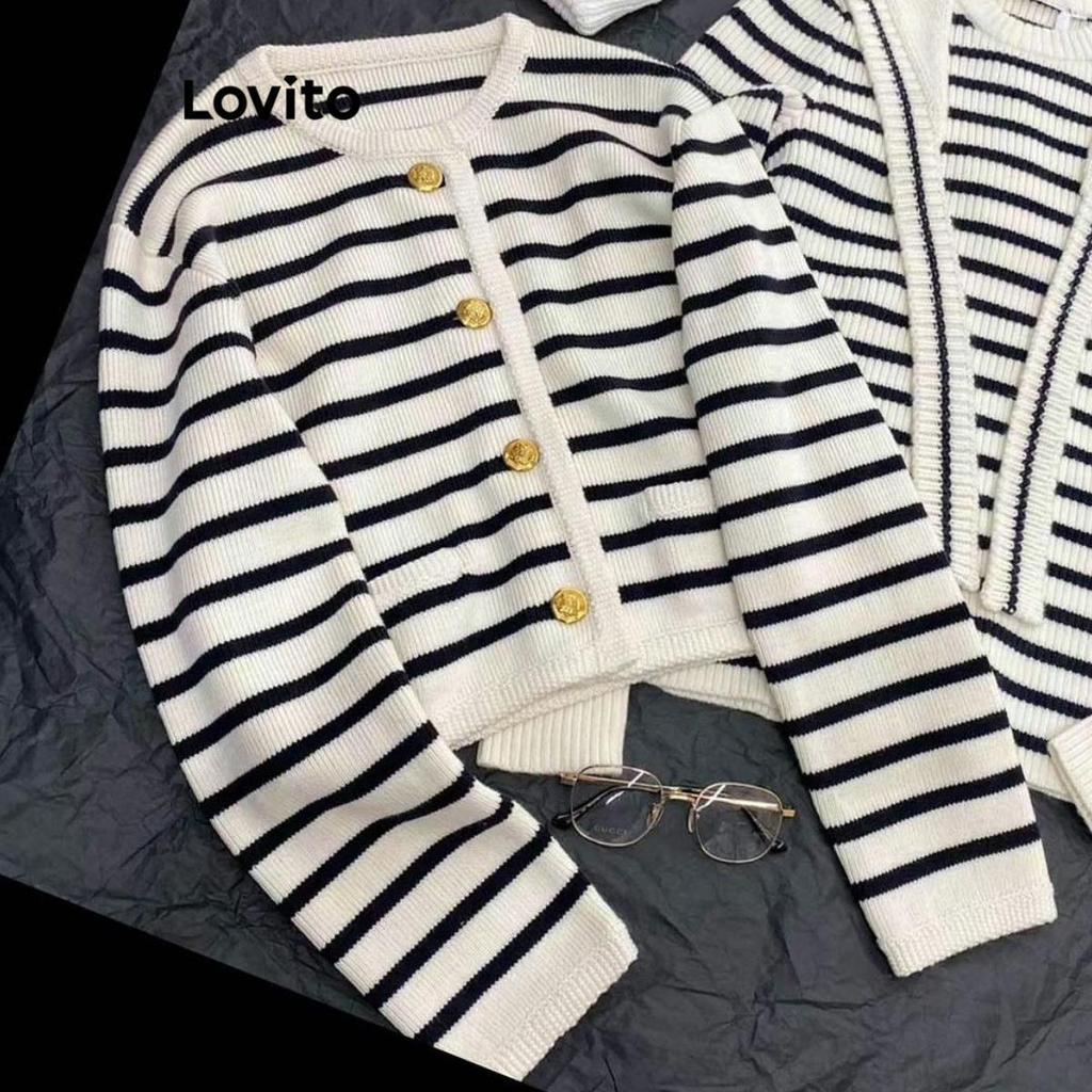 Lovito Phong cách thường ngày Áo len Cardigans sọc nút phía trước thông thường dành cho nữ LNL61203