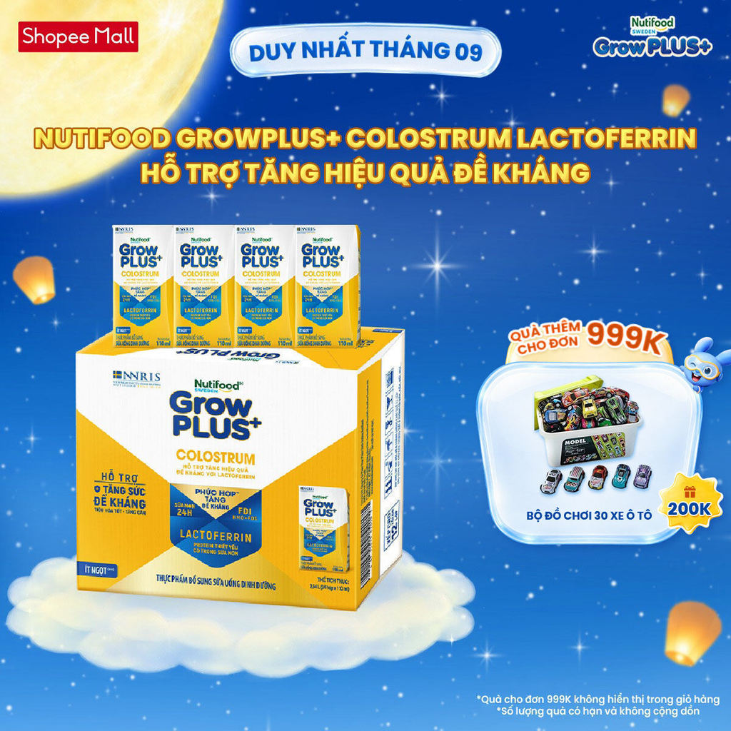 Thùng 24 hộp Sữa bột pha sẵn Nutifood Sweden GrowPLUS+ Colostrum Lactoferrin 110ml