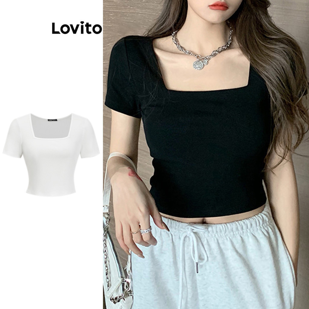 Lovito Phong cách thường ngày Áo Thun Trơn Cổ Vuông Đơn Giản Cho Nữ Lne11006 (nhiều Màu)