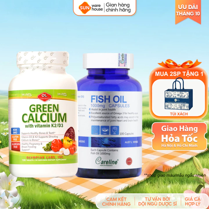 Combo Vitamin Bầu Gồm Canxi Hữu Cơ Olympian Labs Green Calcium Và CareLine Fish Oil Cho Bà Bầu