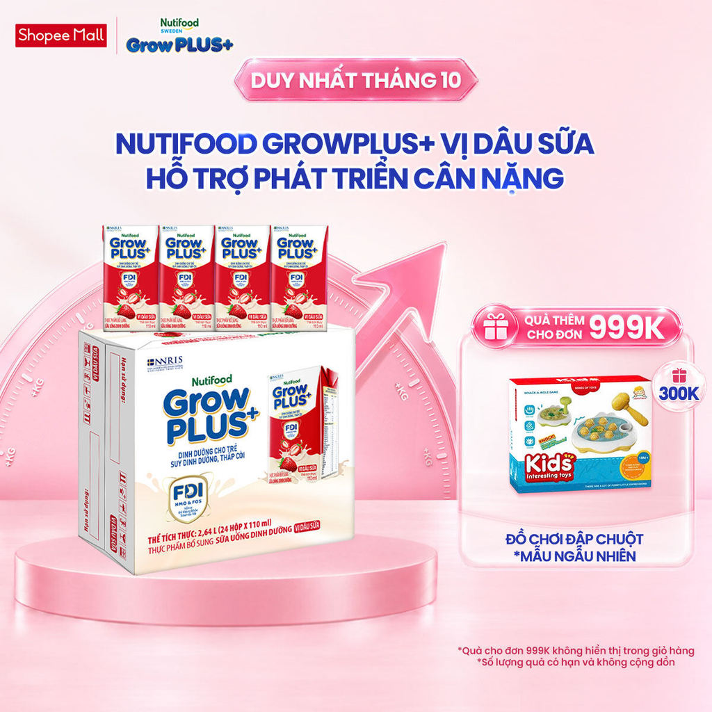Thùng 24 hộp Sữa bột pha sẵn Nutifood GrowPLUS+ Vị Dâu hộp 110ml - Trên 1 tuổi (24 hộp x 110ml)