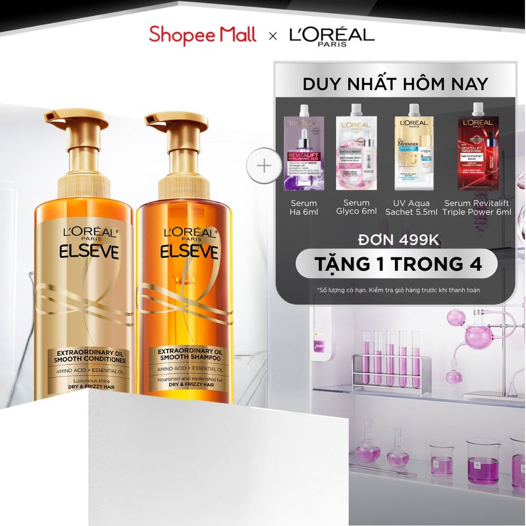 Bộ gội xả dưỡng tóc suôn mượt cao cấp L'Oreal Paris Extraordinary Oil Smooth 440ml x2