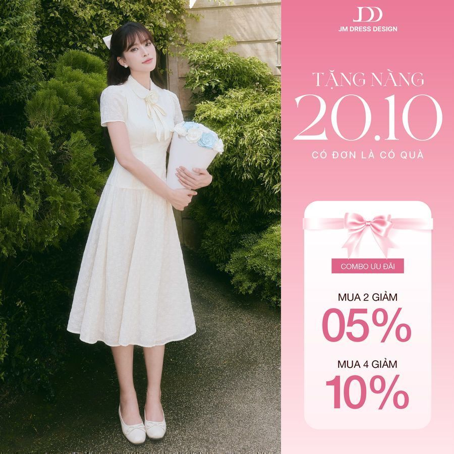Đầm Xuân Hè Nhún Chân Dài Cổ Sen 1S03.2601. Đầm Tơ Hoa Nhí Dáng Midi Dài Xòe Nàng Thơ Nữ Tính Thanh Lịch JM Dress Design