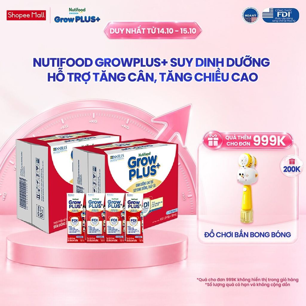 Thùng SBPS Nutifood GrowPLUS+ ít đường Suy Dinh Dưỡng - Tăng Cân, Tăng Chiều Cao (48 Hộp x 180ml) (Bao bì tùy lô hàng)