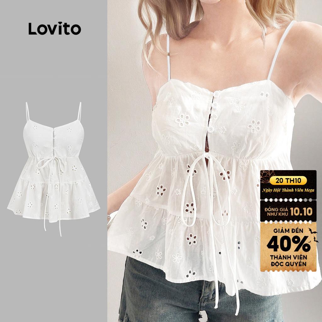 Áo nữ Lovito Kỳ nghỉ trắng ngà xuân hè buộc dây nút phong cách L165ED038