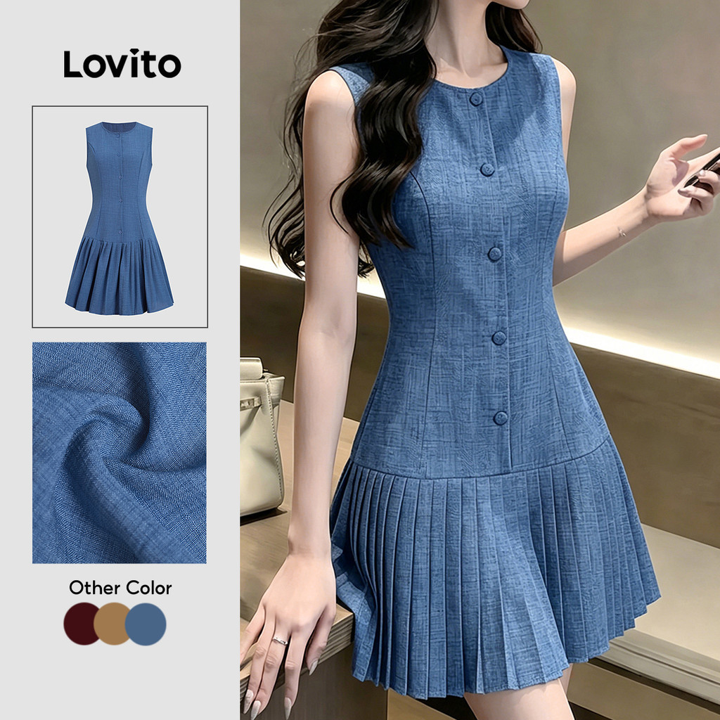 Đầm Lovito thanh lịch xếp ly có nút mùa xuân/hè màu trơn cho nữ DRK8P2D651