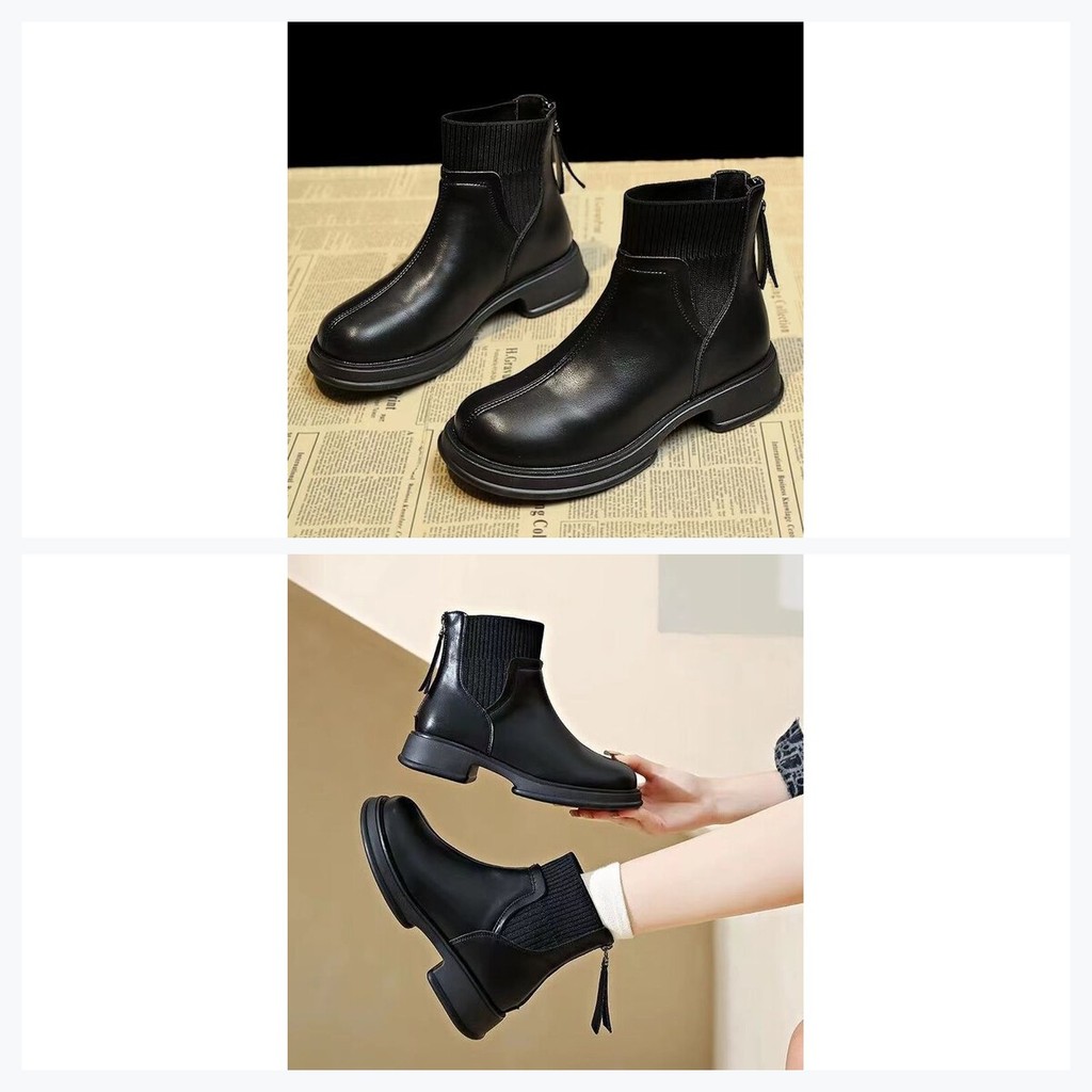 Giày Boots Nữ Cổ Cao Chelsea Gót Vuông Đế Dày Da PU Phối Len Ấm Thu ...