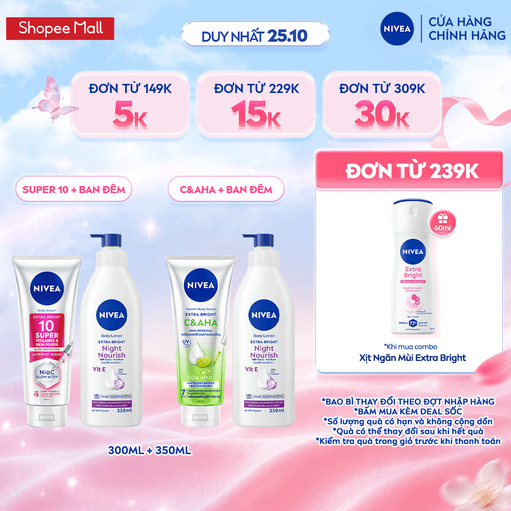 Combo Dưỡng Sáng Da NIVEA Vitamin Serum 300ml & Sữa Dưỡng Thể Extra Bright 350ml - 98412+93824/99197