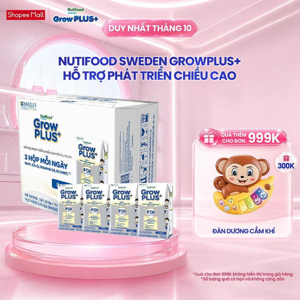 Thùng 24 hộp Sữa Bột Pha Sẵn Nutifood Sweden GrowPLUS+ Cao lớn vượt trội hộp 110 ml