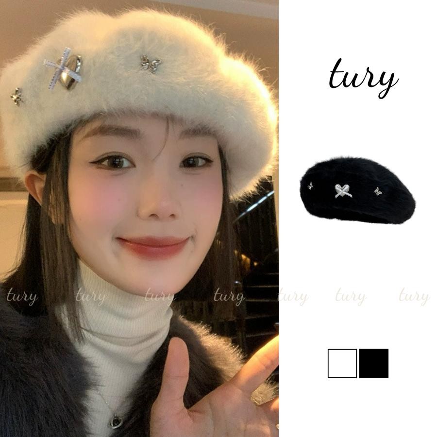 Mũ Beret Nữ - Tury - Mũ nồi lông thỏ, mũ họa sĩ phối BƯỚM NƠ - MN051