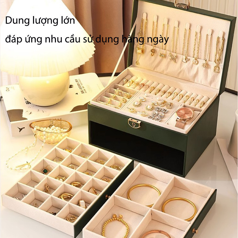 [ Kèm khóa] Hộp đựng trang sức 3 tầng, bọc da vân nổi, đa ngăn, hộp đựng nữ trang