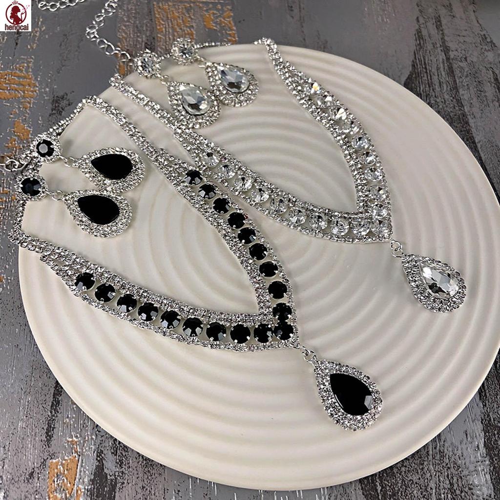 Trang sức cô dâu full kim cương giả, bộ dây chuyền và bông tai thiết kế tinh tế quyến rũ, phù hợp váy dạ hội và tiệc cưới
