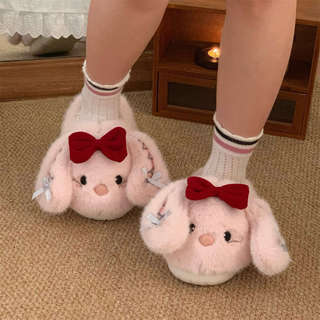 XIXITIAO Dép Cotton Nơ Thỏ Giữ Ấm Nữ Mùa Đông Nhà Đế Mềm Thoải Mái