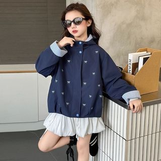 Áo khoác gió bé gái Hàn Quốc – Họa tiết nơ dễ thương, mũ liền thời trang