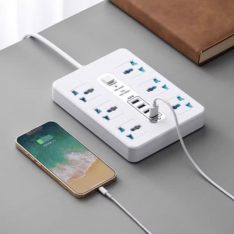￼Ổ Cắm Điện Đa Năng Chống Giật Chịu Tải 2500W Gồm 6 Ổ Cắm Tích Hợp 4 Cổng USB Sạc Nhanh Điện Thoại Dây Dài 3m