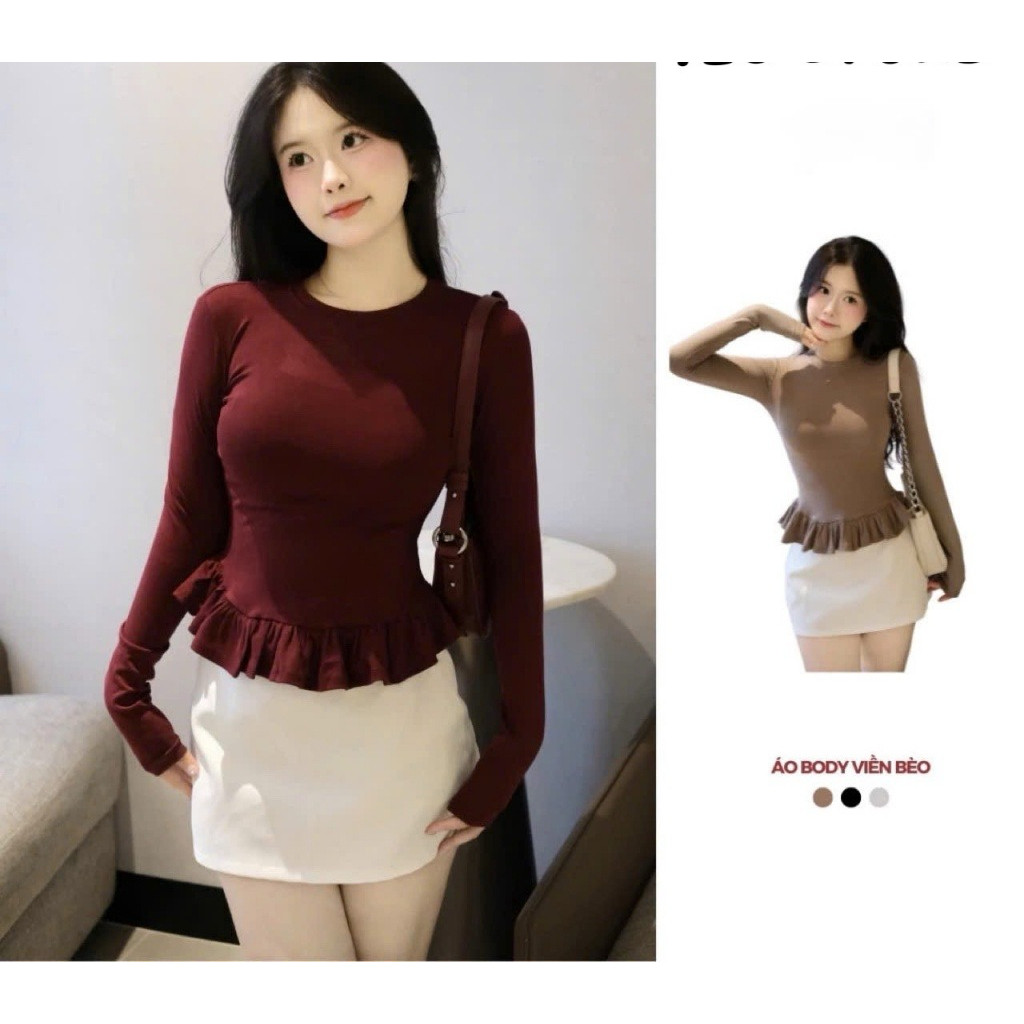 Áo Thun Dài Tay Nữ Ôm Body Phối Viền Bèo Xinh cotton lông mịn MA2509