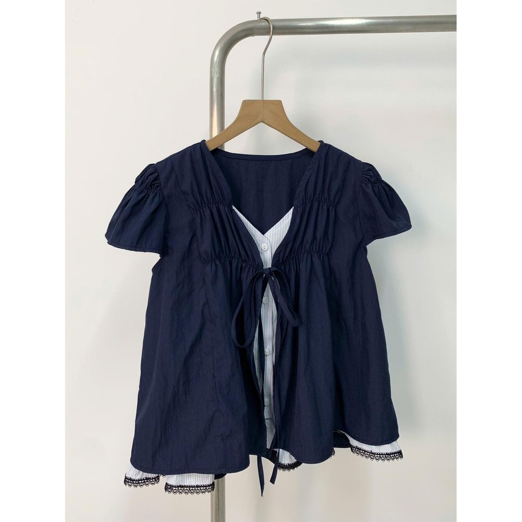 Áo Babydoll Cổ V Phối Kẻ Mix Viền Ren  MA4066