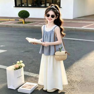 Bộ bé gái mùa hè Hàn Quốc - áo sát nách phối ren quần ống rộng giả váy 2 món