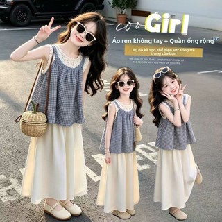 Bộ bé gái mùa hè Hàn Quốc - áo sát nách phối ren quần ống rộng giả váy 2 món